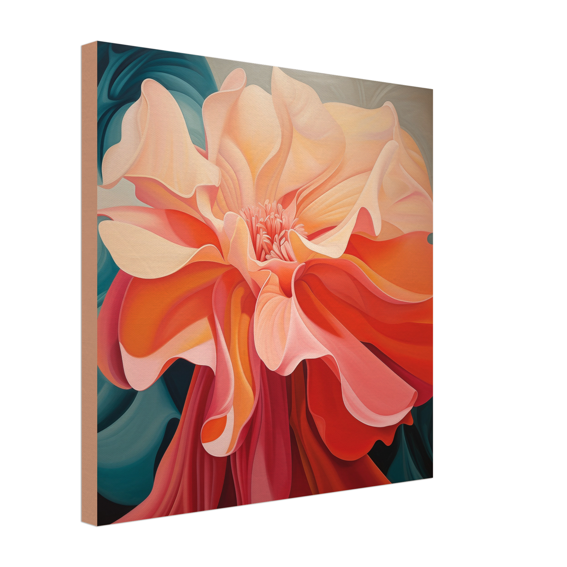 An abstract painting of The Wild In The Flower Inspired By Georgia O'Keefe on a wooden frame that ensures the image quality and color remain unaffected.