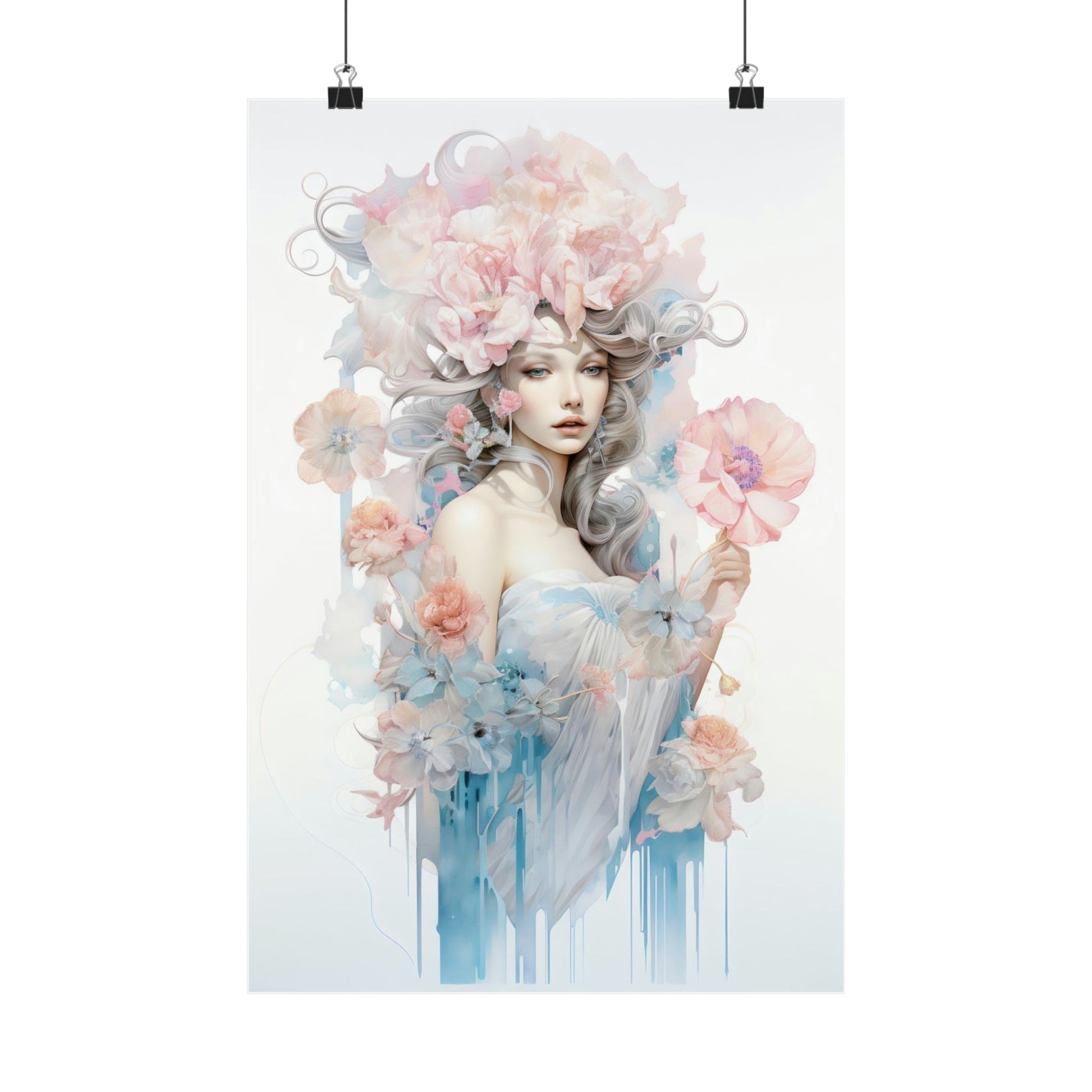 Ethereal watercolor-style portrait of a woman with flowing hair adorned by soft pink flowers.