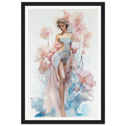 Watercolor painting of a stylized woman in a flowing dress surrounded by floral elements.