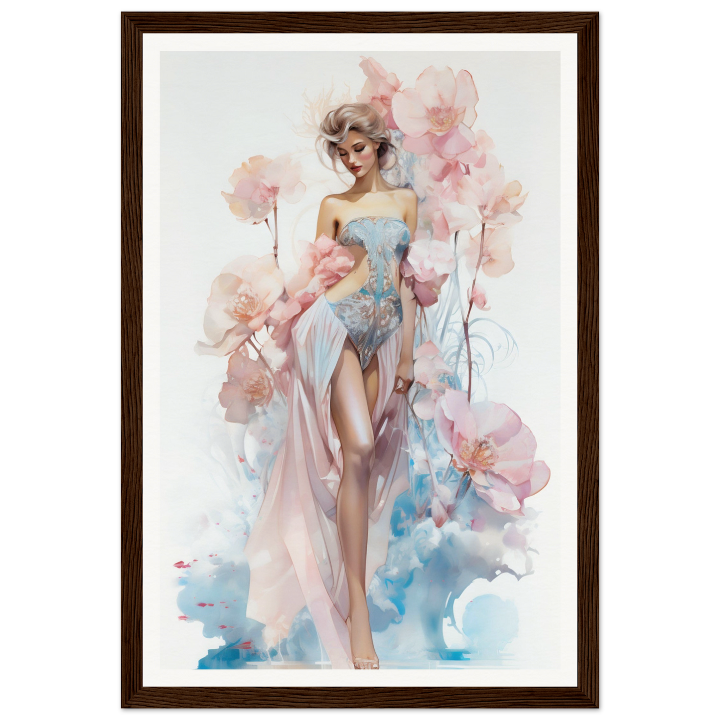 Watercolor painting of an elegant woman in a flowing dress surrounded by soft pink flowers.