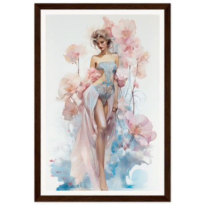 Watercolor painting of an elegant woman in a flowing dress surrounded by soft pink flowers.