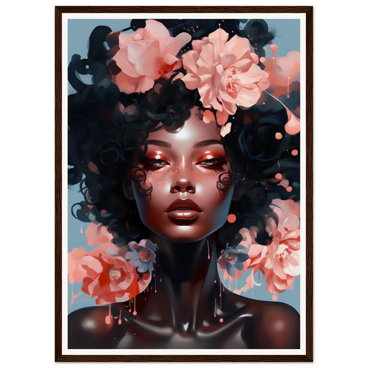 Portrait of a woman with dark skin, curly hair, and pink flowers adorning her head.