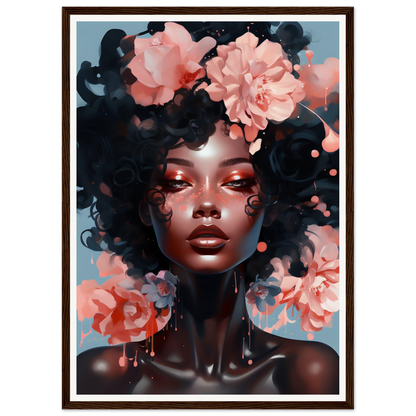 Portrait of a woman with dark skin, curly hair, and pink flowers adorning her head.