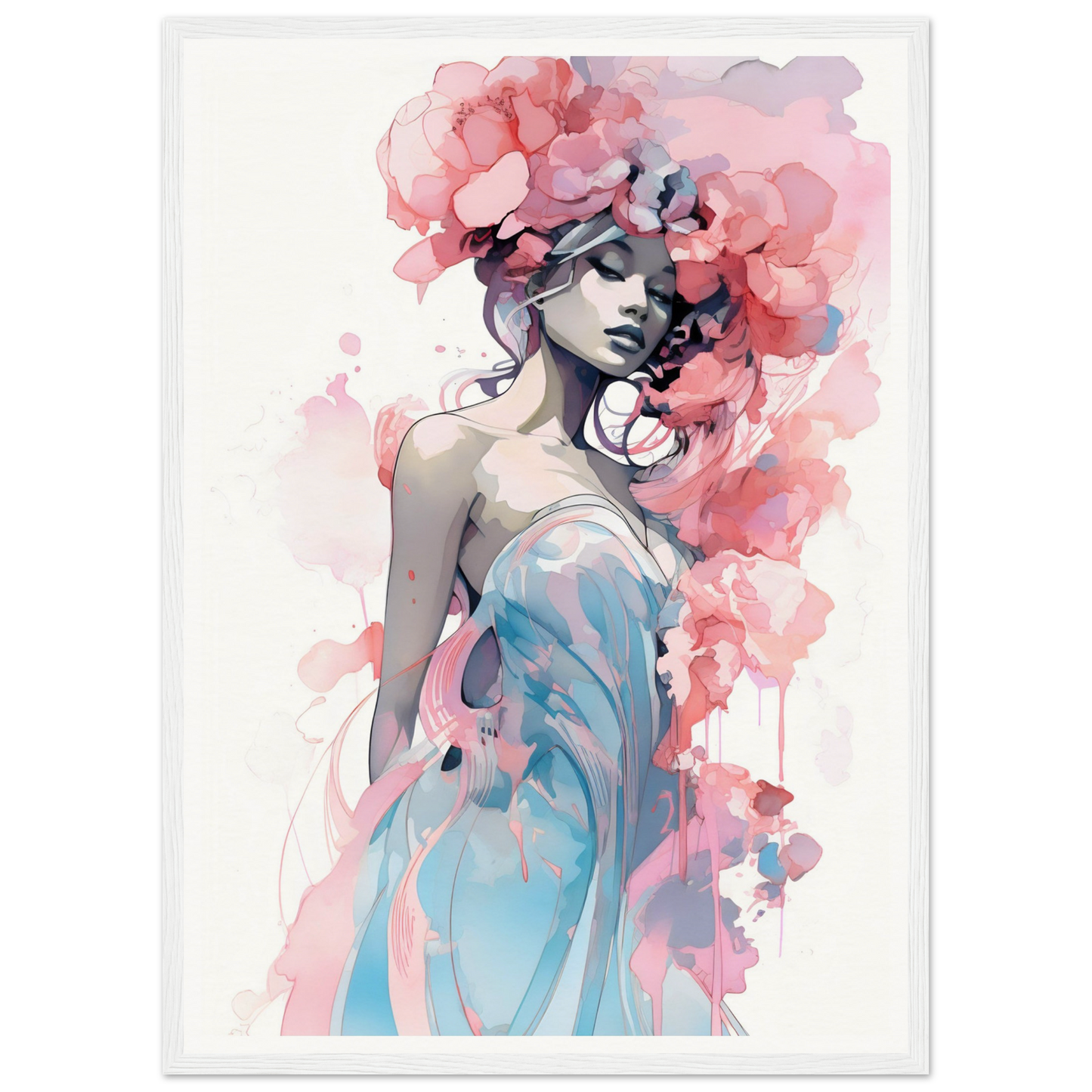 Watercolor-style painting of a woman with pink floral elements in her hair and a flowing blue dress.