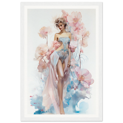 Watercolor-style painting of a graceful woman in a flowing dress surrounded by delicate pink flowers.