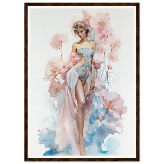 Watercolor-style painting of an elegant woman in a blue dress surrounded by pink flowers.