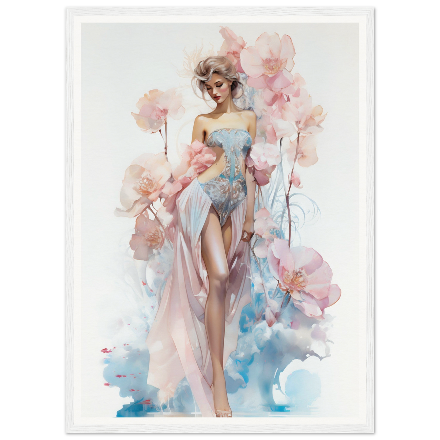 Watercolor-style painting of an elegant woman in a flowing pastel dress surrounded by delicate pink flowers.