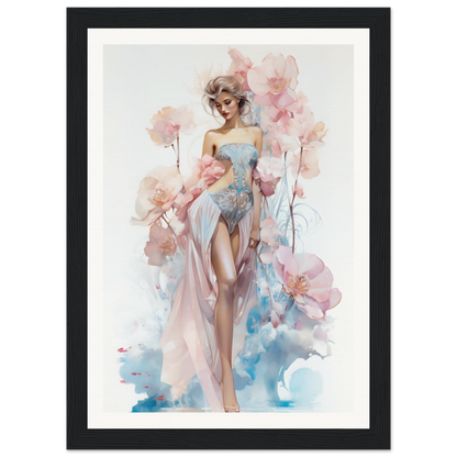 Watercolor-style painting of a graceful woman surrounded by delicate pink flowers.