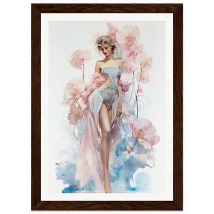 Watercolor painting of a stylized woman surrounded by pink flowers.