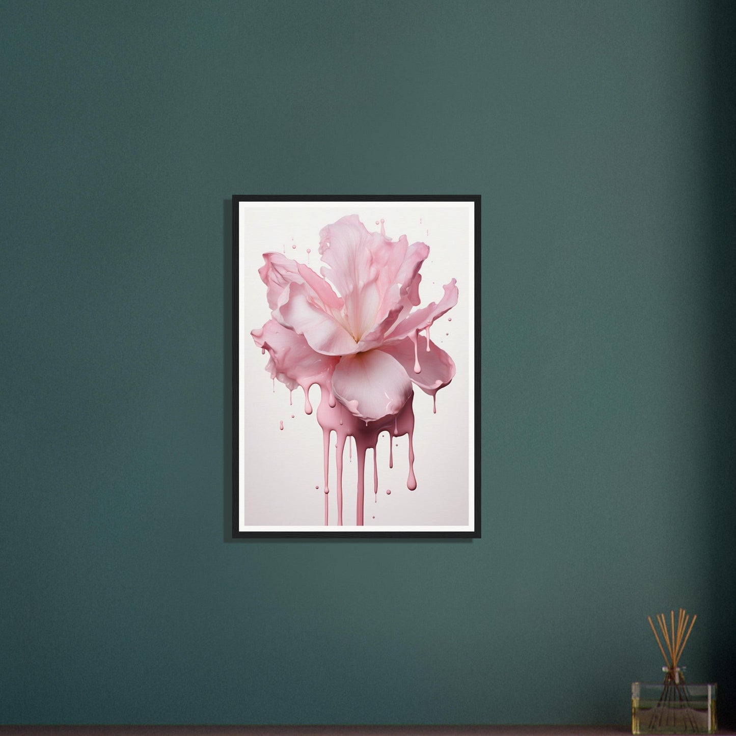 Framed artwork depicting a pink rose with paint dripping down.