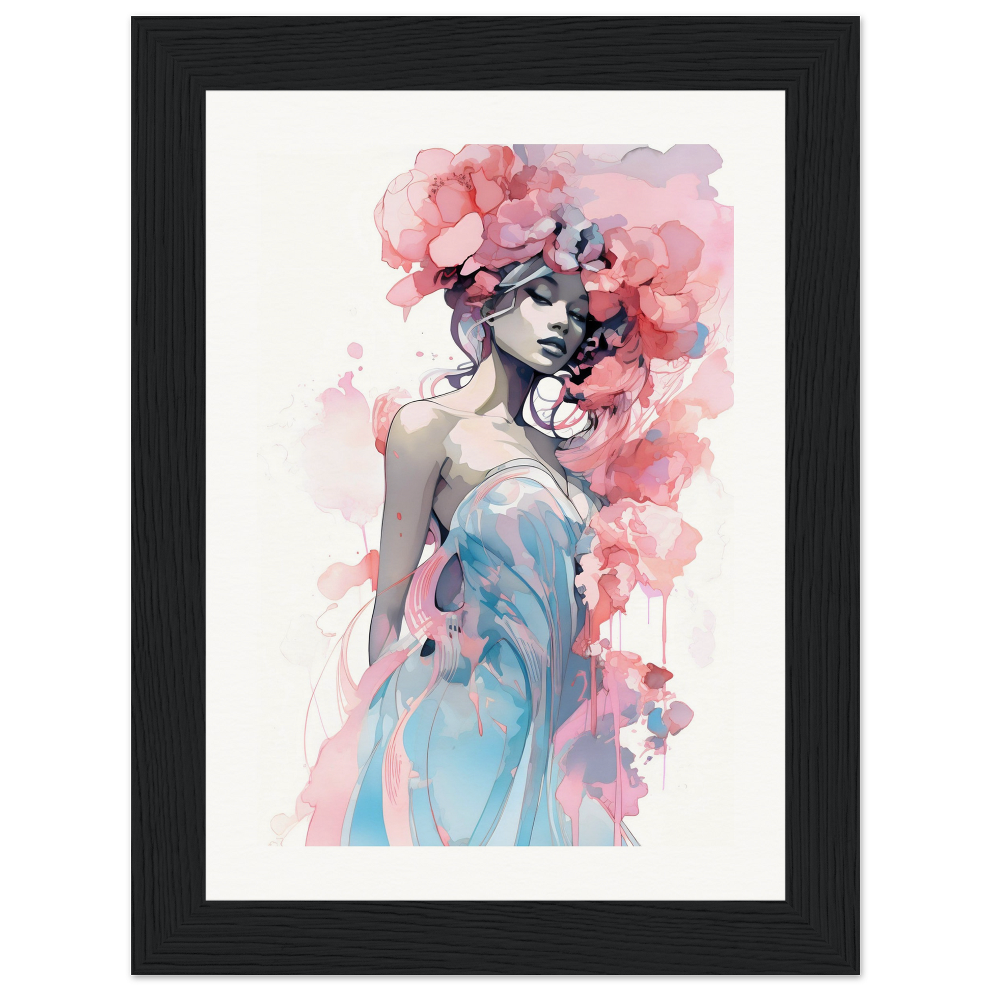 Watercolor-style painting of a woman with pink floral elements in her hair and a blue dress.