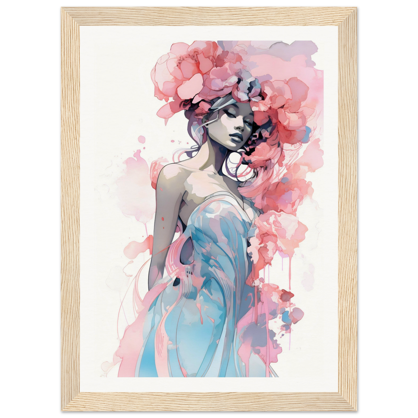 Watercolor painting of a woman with pink flowers in her hair wearing a blue dress.