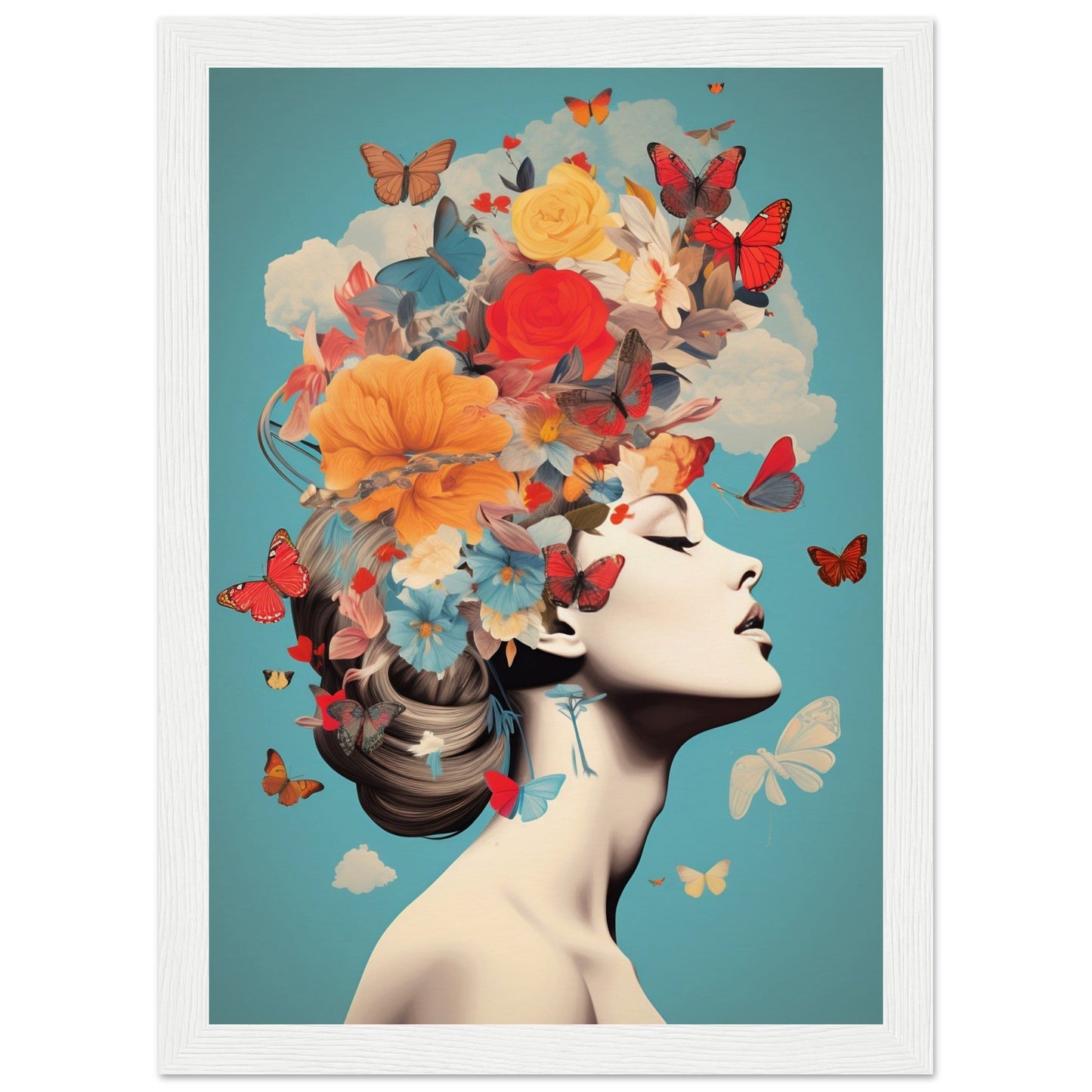 Artistic portrait featuring a profile view with vibrant flowers, butterflies, and clouds forming an elaborate headdress.