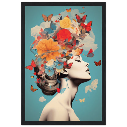 Artistic portrait featuring a woman’s profile with vibrant flowers and butterflies emerging from her head.