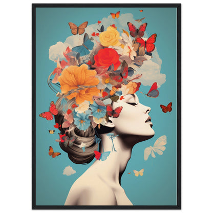 Surreal portrait of a woman with flowers, butterflies, and clouds forming her hair against a teal background.