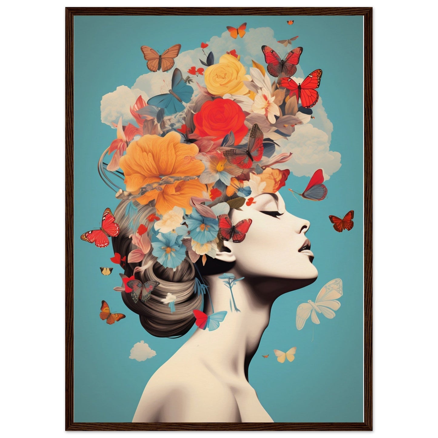 Surreal portrait of a woman with flowers, butterflies, and clouds forming an elaborate headdress.