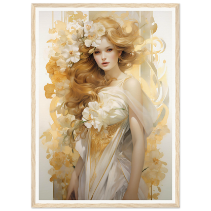 Ethereal portrait of a woman with flowing golden hair adorned with white flowers.