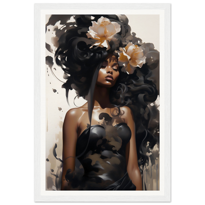 Artistic portrait featuring flowing dark hair adorned with delicate white flowers.