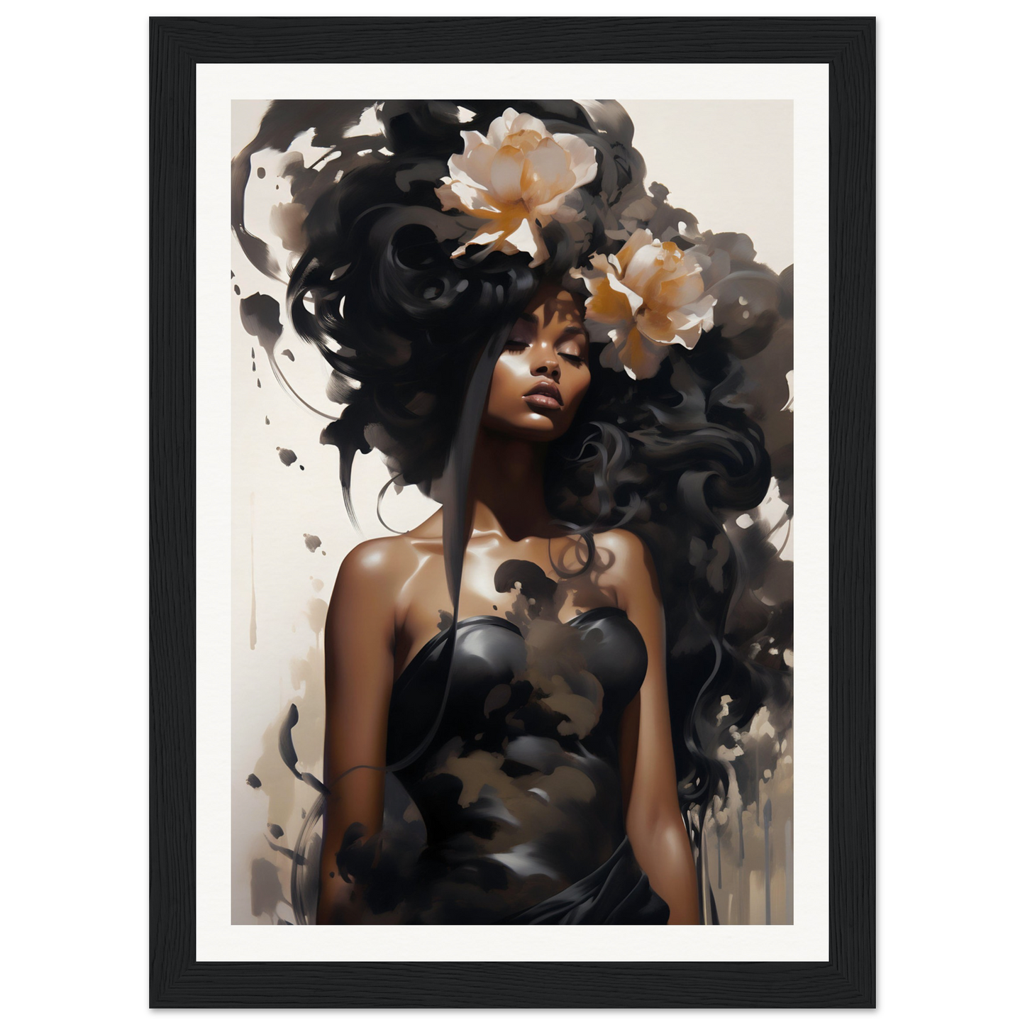 Artistic portrait featuring a figure with flowing dark hair adorned with light-colored flowers.