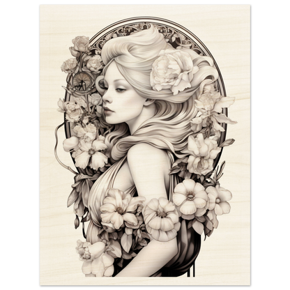 Intricate pencil drawing of a woman’s profile surrounded by ornate floral elements.