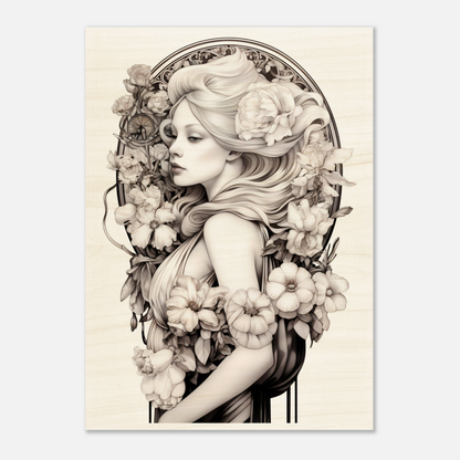 Elegant Art Nouveau-style portrait of a woman surrounded by floral elements.