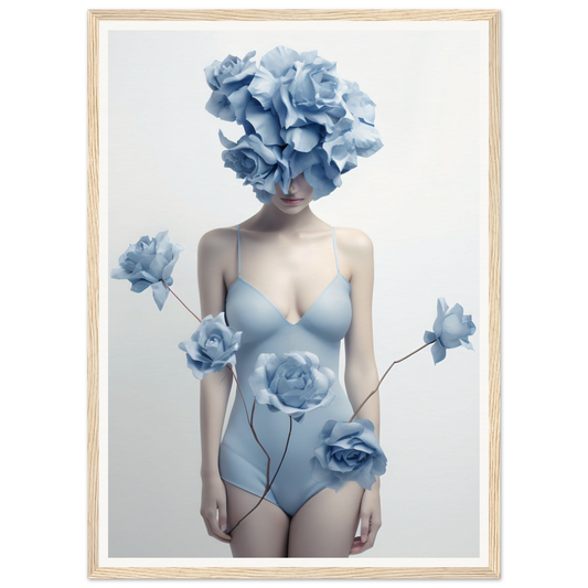 Surreal figure with blue floral elements replacing the head and adorning a pale blue bodysuit.