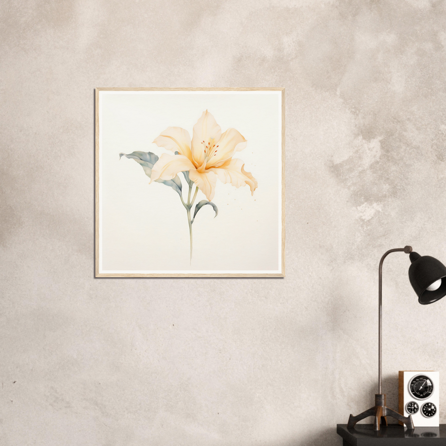 Framed watercolor painting of a delicate peach-colored lily flower.