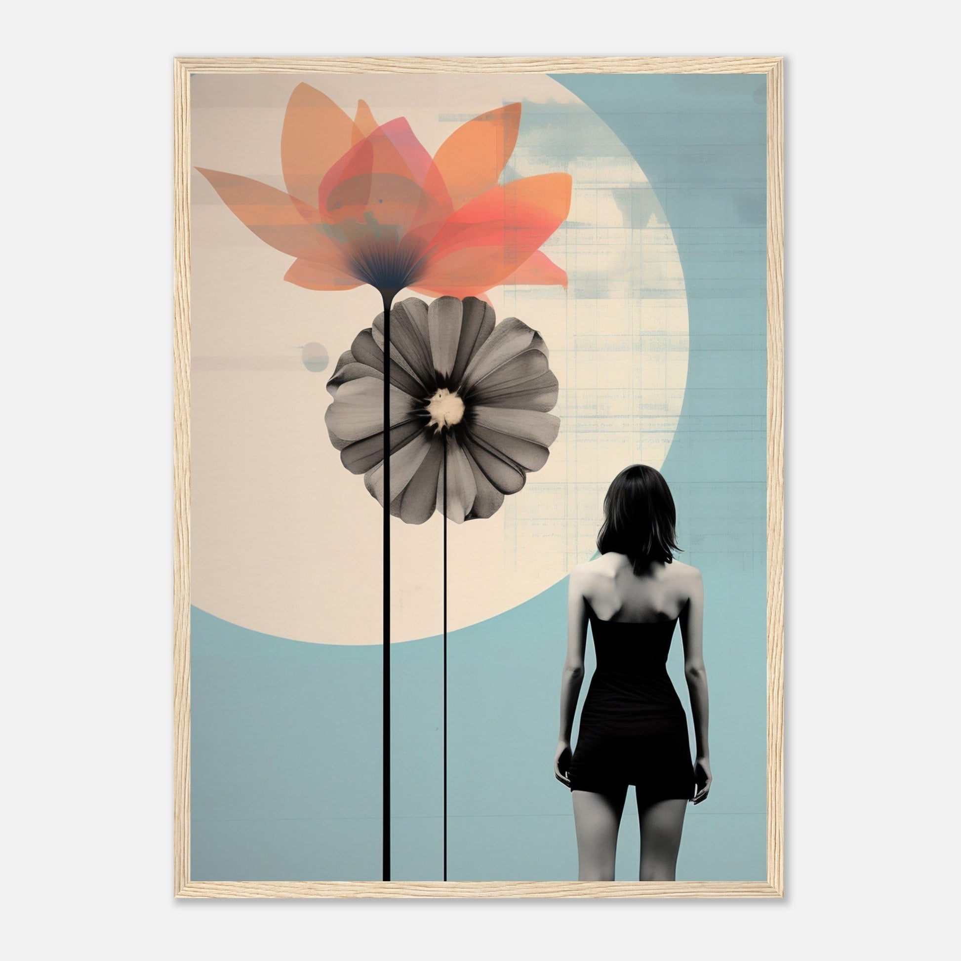 Silhouette of a woman standing next to stylized flowers against a pastel background.