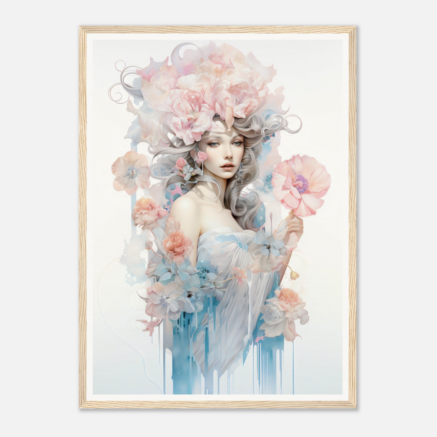 Ethereal watercolor-style portrait of a woman surrounded by soft floral elements and flowing colors.