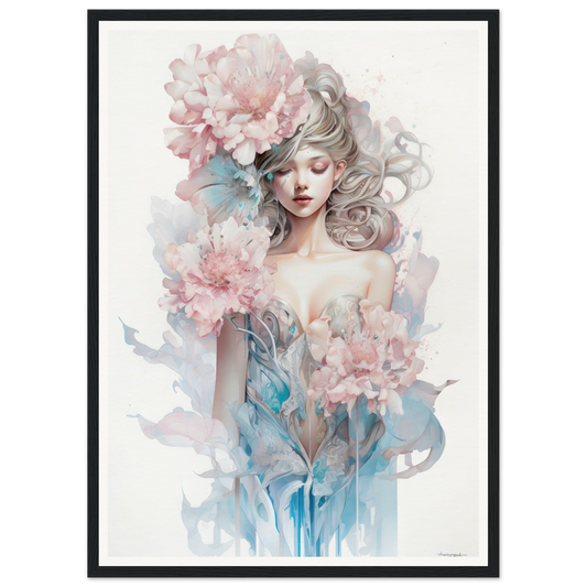 Ethereal watercolor-style portrait of a woman surrounded by delicate pink flowers and blue-tinted foliage.