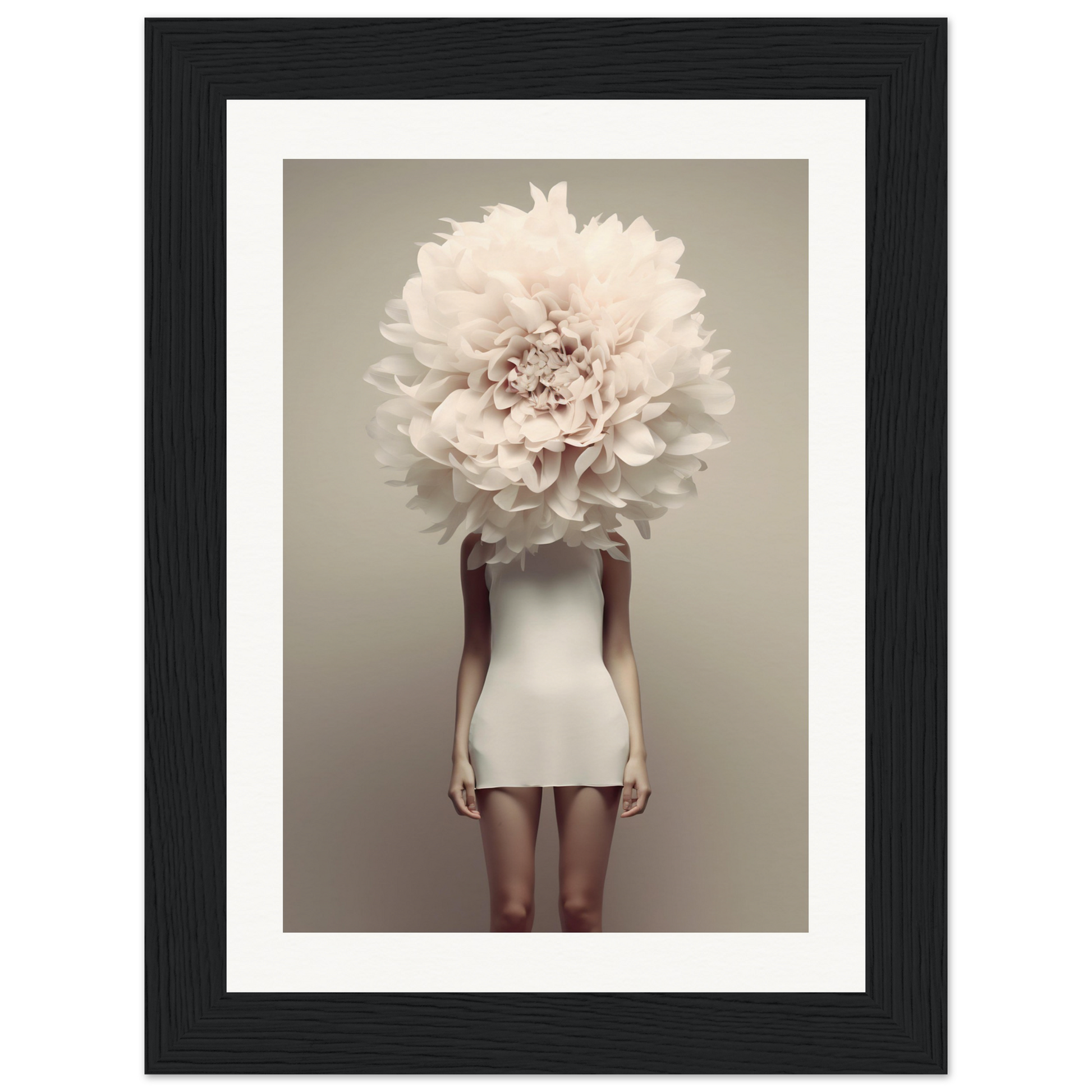 A woman in a White Flower Head The Oracle Windows™ Collection dress with a large flower on her head, perfect for a poster for my wall.