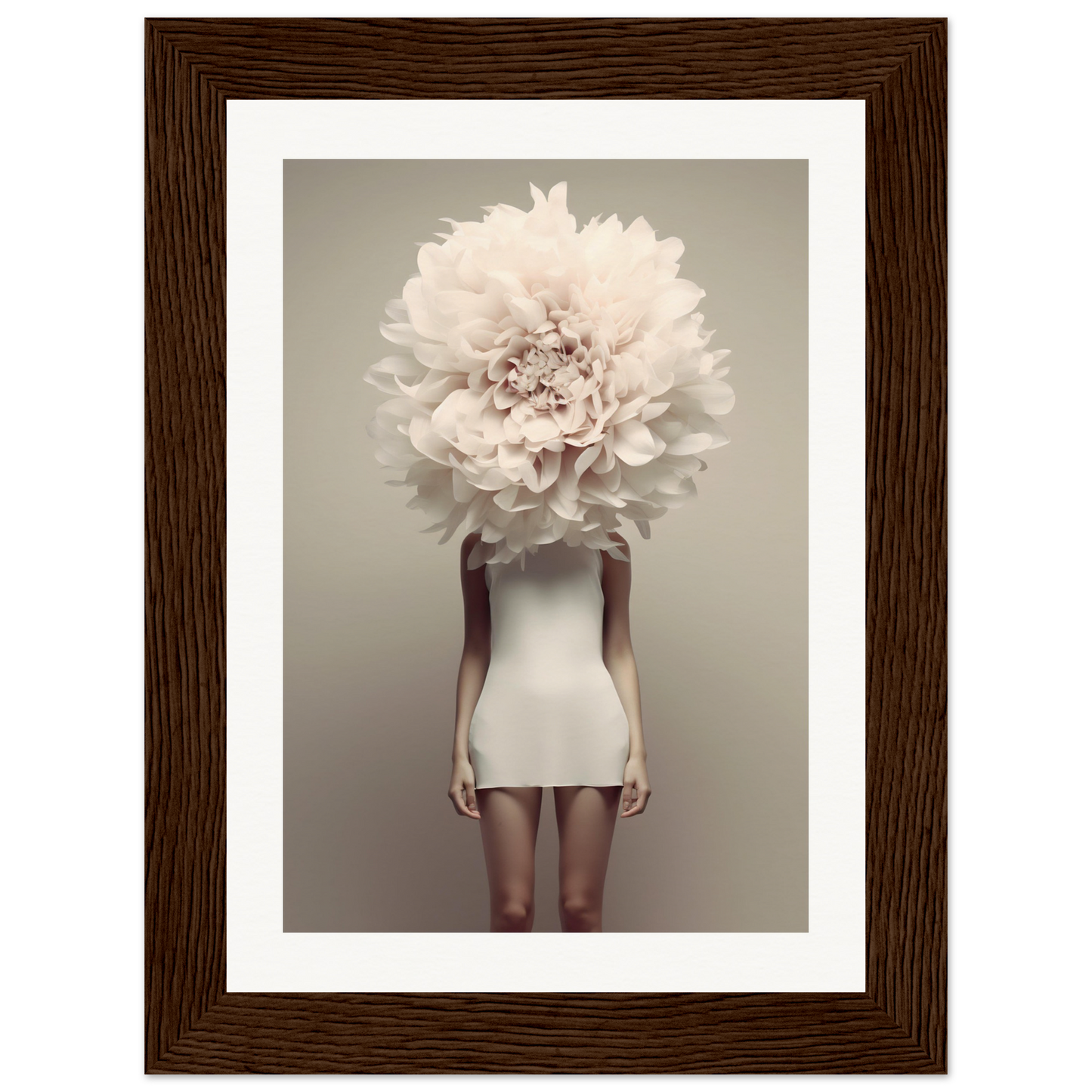 A woman in a White Flower Head The Oracle Windows™ Collection dress with a large flower on her head, perfect for a poster for my wall.