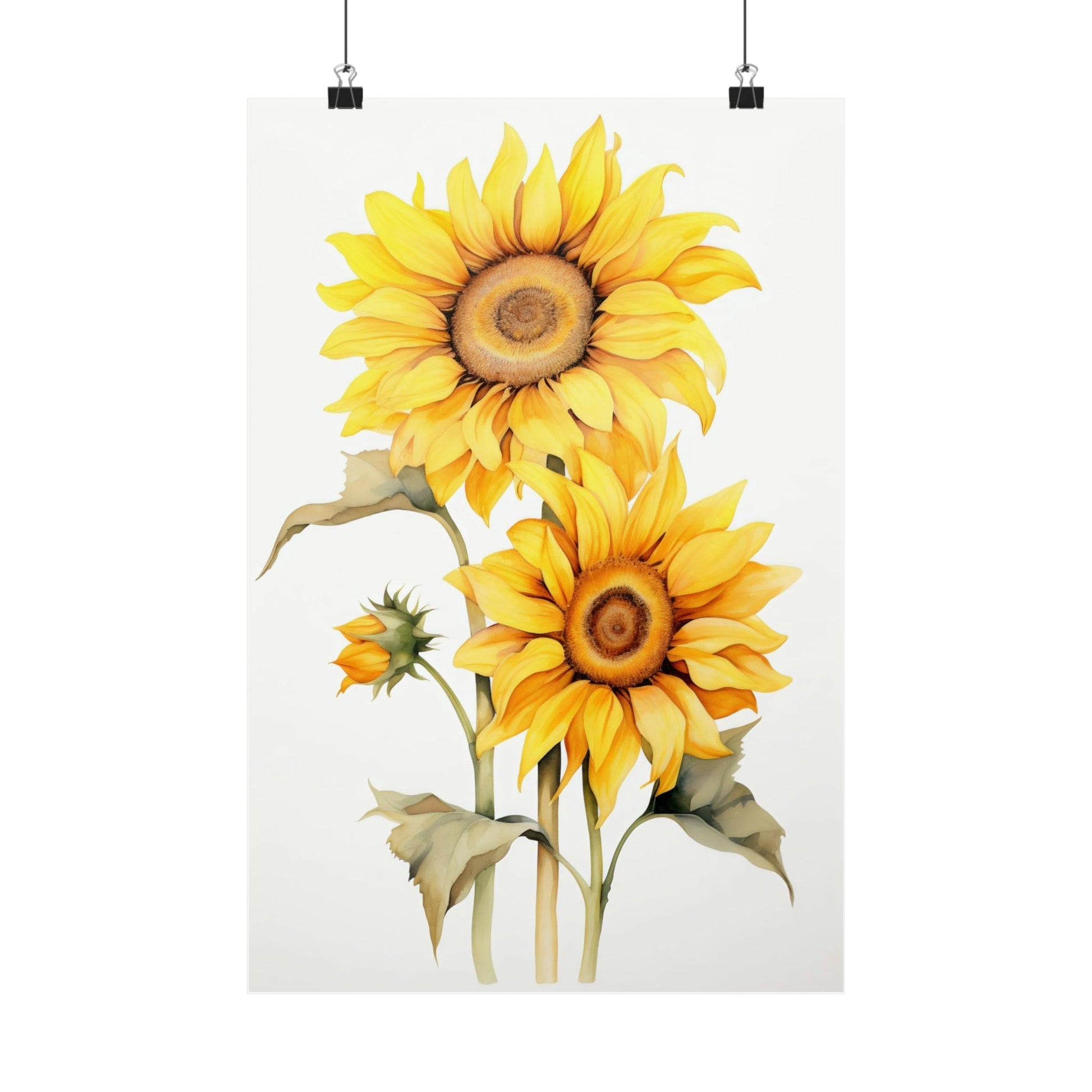 Vibrant yellow sunflowers with green stems and leaves in a watercolor-style painting.