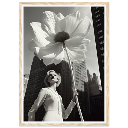 A giant white flower held aloft against a cityscape backdrop.