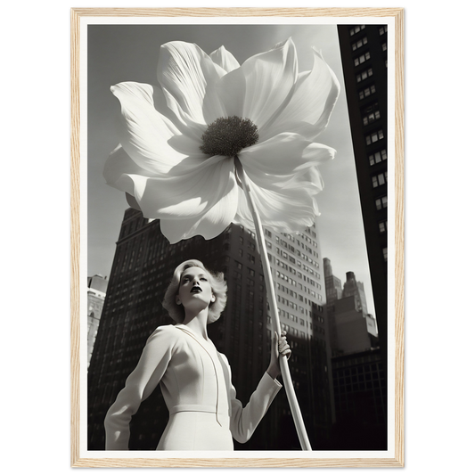 A giant white flower held aloft against a cityscape backdrop.