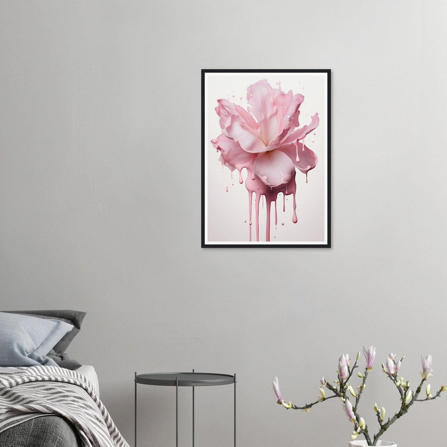 Framed watercolor painting of a pink rose with dripping paint effect.