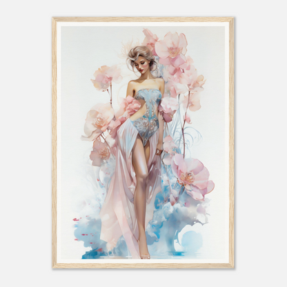 Watercolor-style painting of a graceful female figure surrounded by soft pink floral elements.