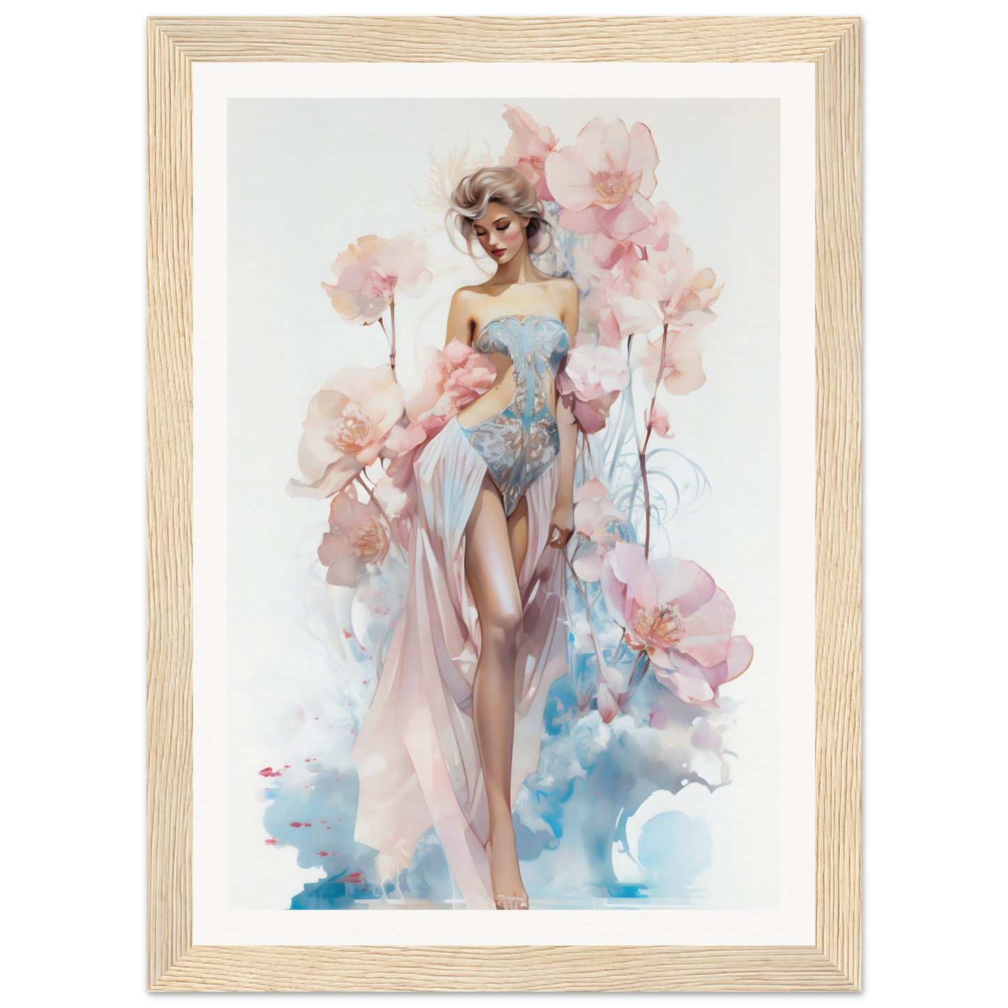 Watercolor painting of a graceful female figure surrounded by delicate pink flowers.