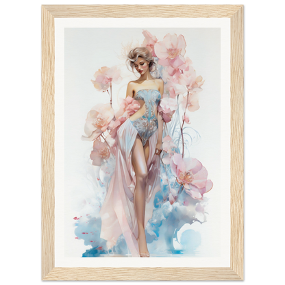 Watercolor painting of a graceful female figure surrounded by delicate pink flowers.