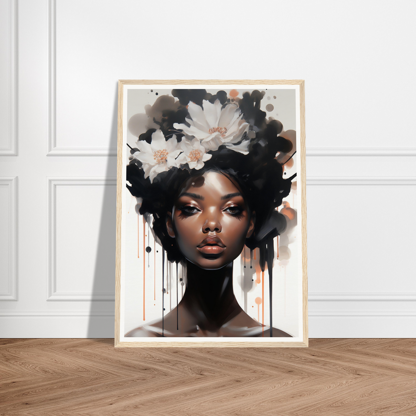 Framed portrait painting of a woman with flowers in her hair.