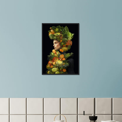 Portrait-style artwork combining a human figure with fruits and vegetables in a surreal, organic composition.