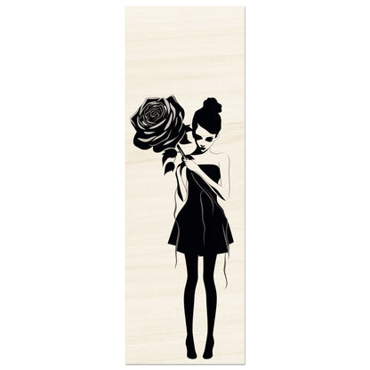 Silhouette of a slender woman holding a large rose.