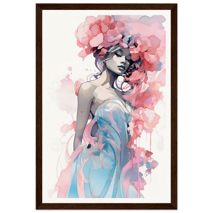 Watercolor-style painting of a woman with pink floral elements in her hair and a blue dress.