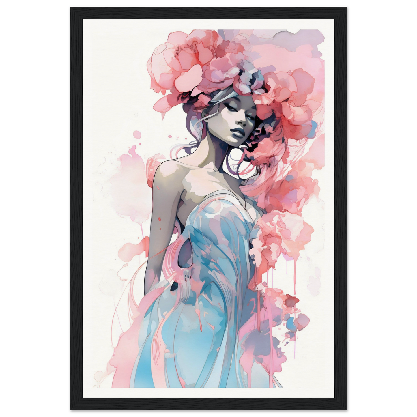 Watercolor-style painting of a woman with pink floral elements in her hair and a blue dress.