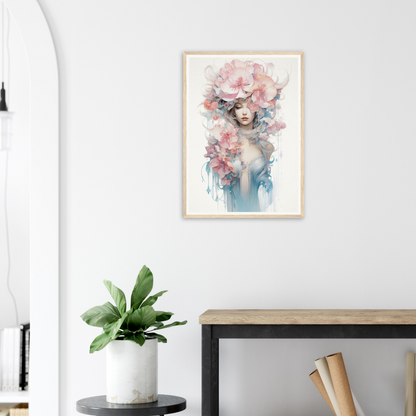 Framed watercolor-style artwork depicting a figure with floral elements in pink and blue hues.