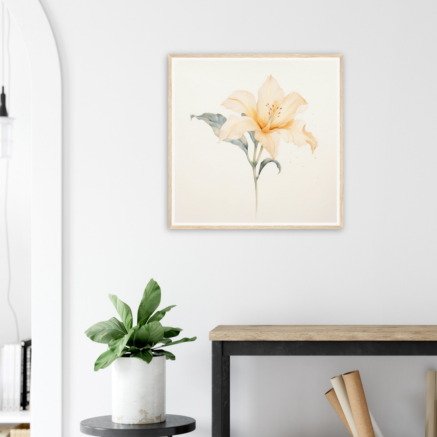 Framed watercolor painting of a delicate yellow flower with leaves.