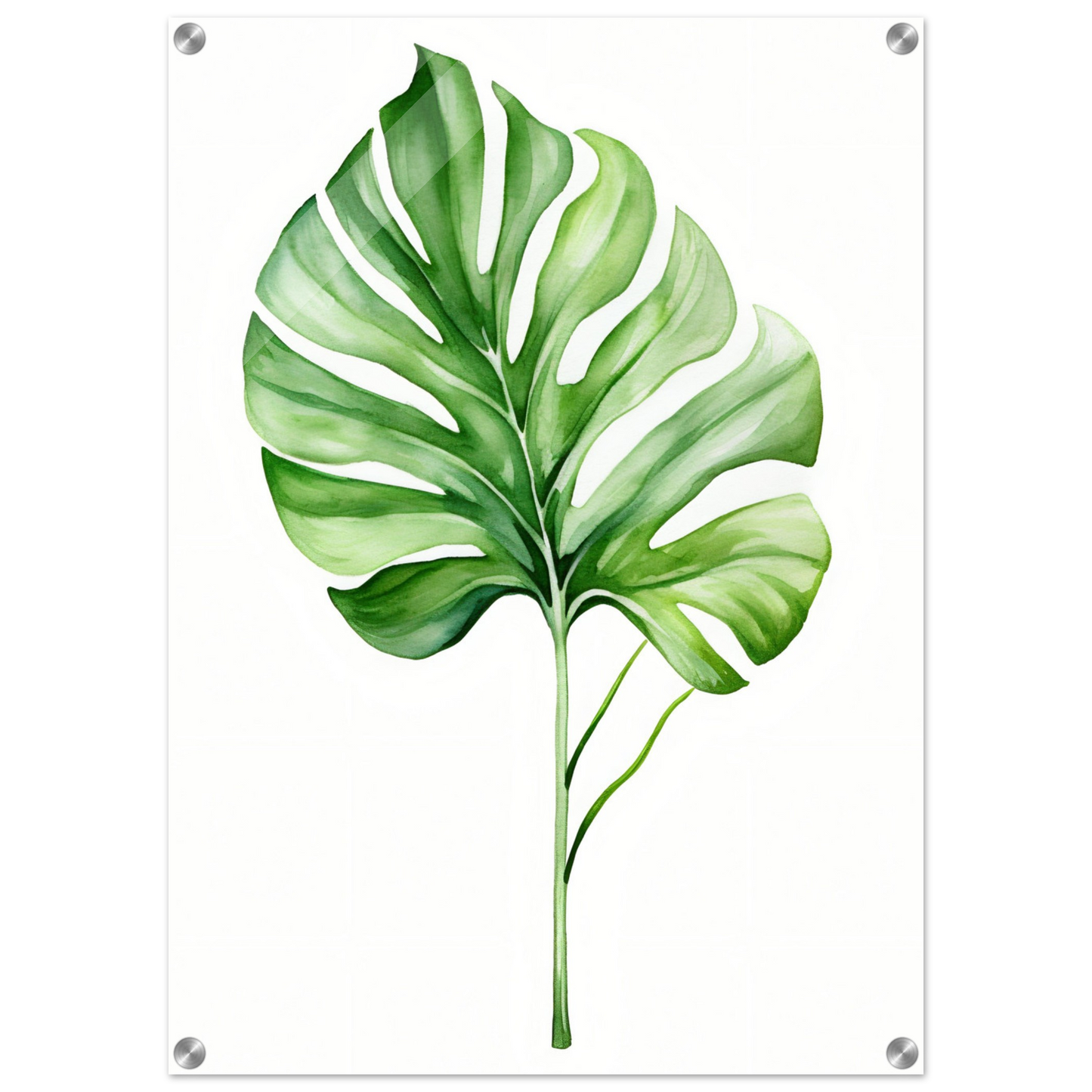 Watercolor painting of a single tropical leaf with vibrant green stripes and veins.