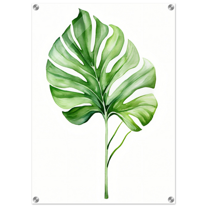 Watercolor painting of a single tropical leaf with vibrant green stripes and veins.