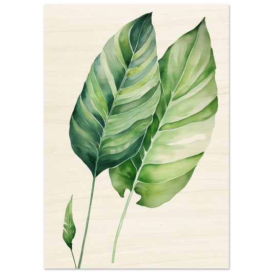 Transform your space with a Aquarelles Tropical Leaf C - Wood Prints featuring two green leaves on a wooden background.