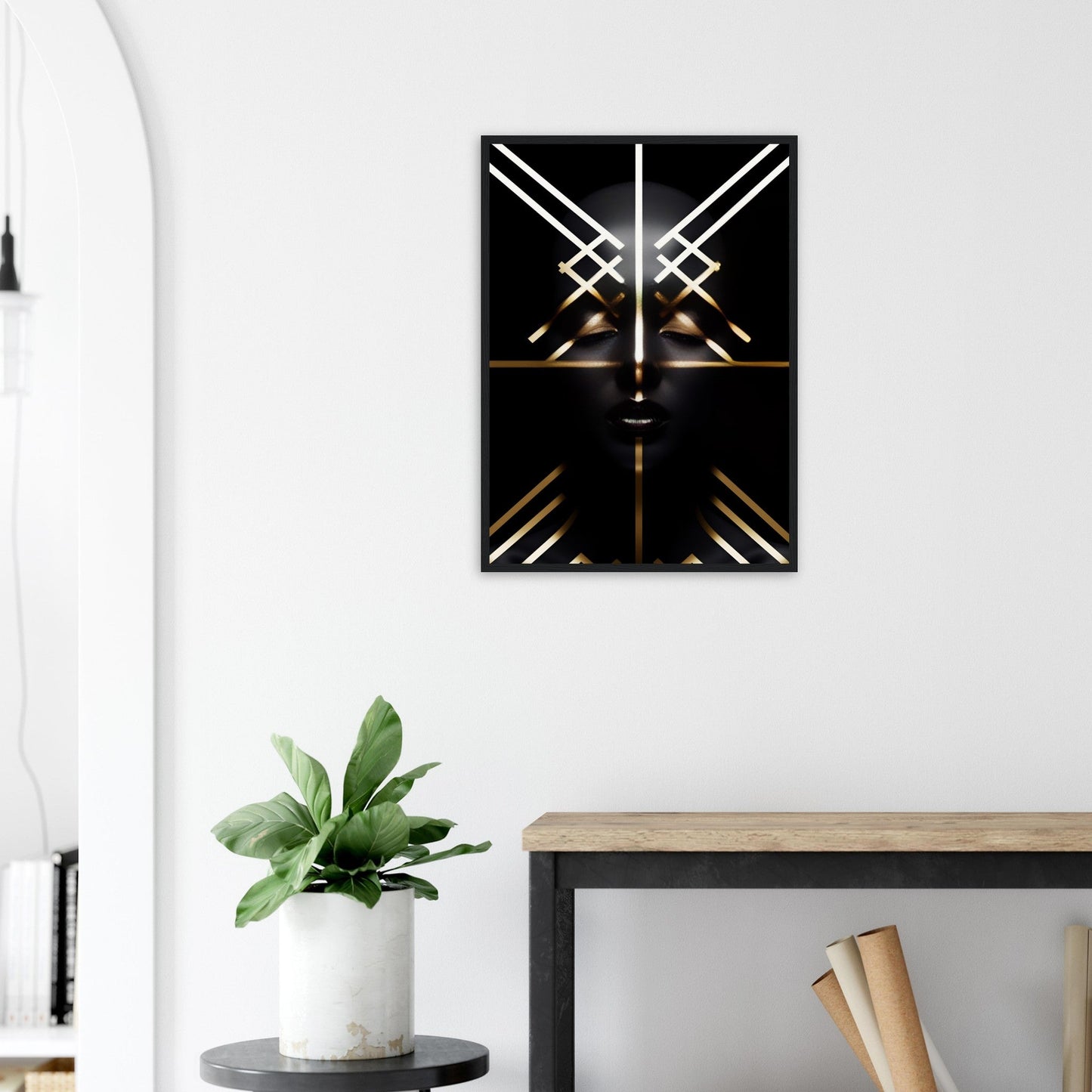 Abstract geometric artwork featuring intersecting light beams against a dark background.